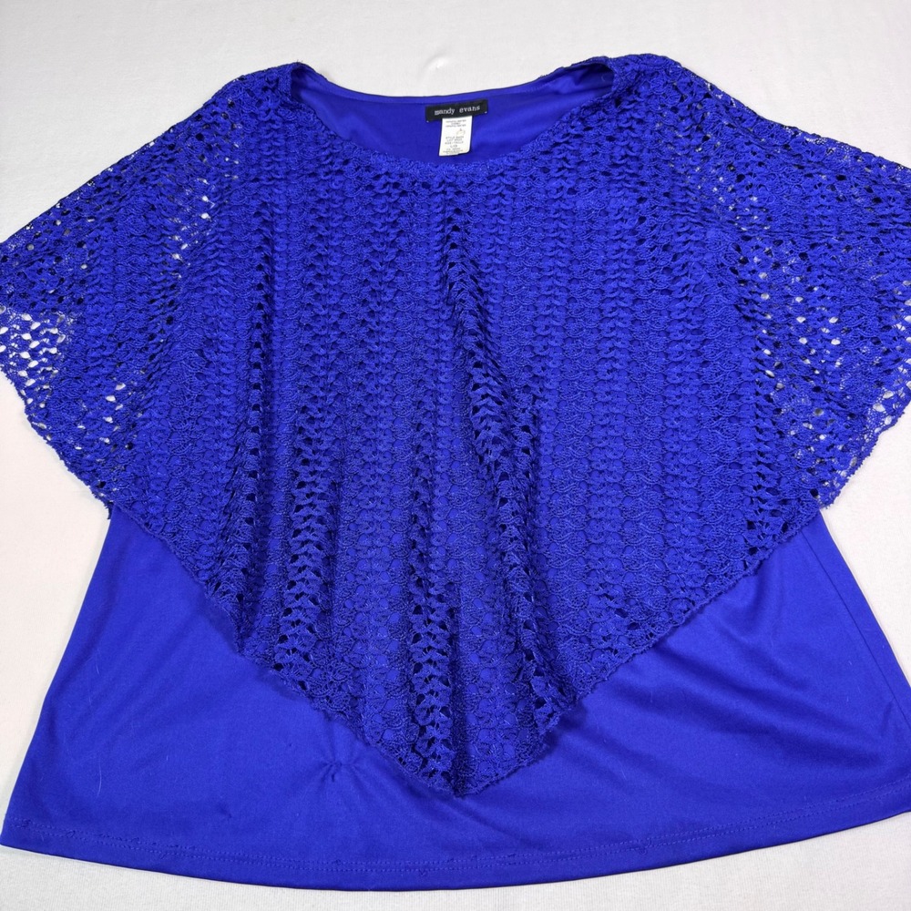 Mandy Evans Poncho Top Size L Royal Blue Crochet Lace Overlay Scoop Neck Dressy